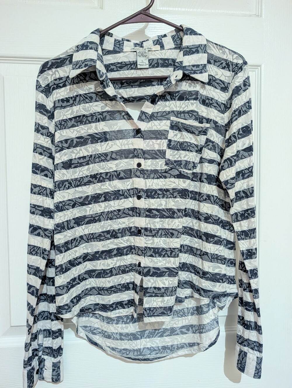 American Rag Navy and White Striped Sheer Blouse
